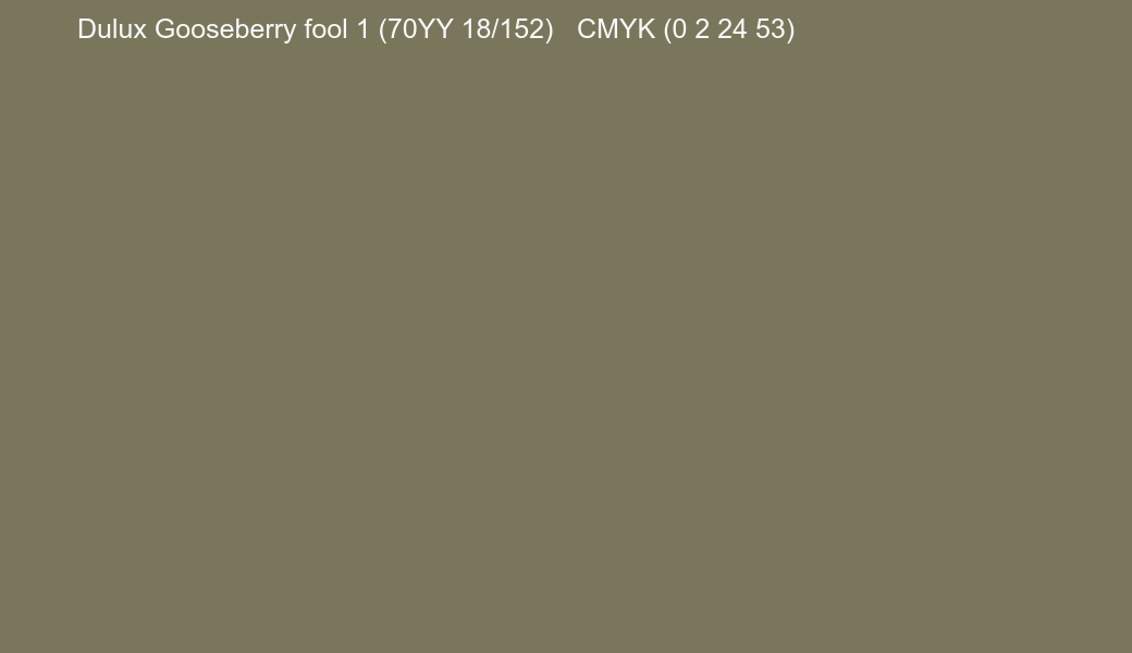 Color Dulux Gooseberry fool 1 (70YY 18/152) to CMYK (0 2 24 53) converter Color Dulux Gooseberry fool 1 (70YY 18/152) to CMYK (0 2 24 53) converter