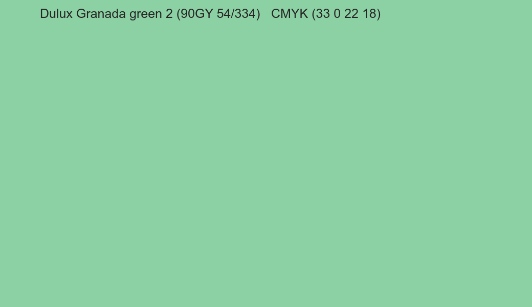 Color Dulux Granada green 2 (90GY 54/334) to CMYK (33 0 22 18) converter Color Dulux Granada green 2 (90GY 54/334) to CMYK (33 0 22 18) converter