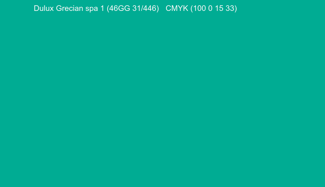 Color Dulux Grecian spa 1 (46GG 31/446) to CMYK (100 0 15 33) converter Color Dulux Grecian spa 1 (46GG 31/446) to CMYK (100 0 15 33) converter