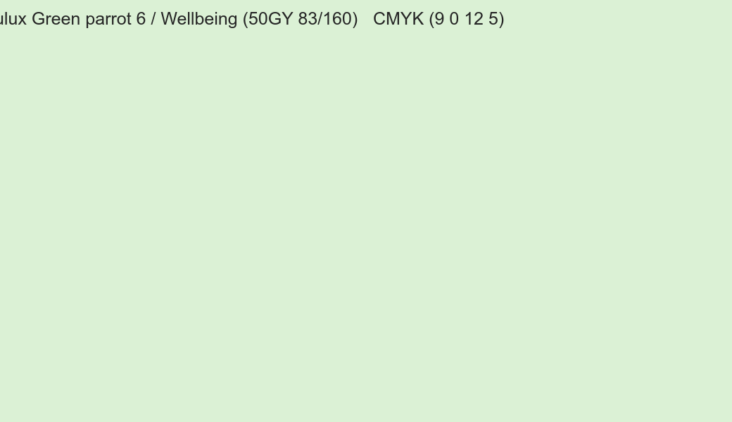Color Dulux Green parrot 6 / Wellbeing (50GY 83/160) to CMYK (9 0 12 5) converter Color Dulux Green parrot 6 / Wellbeing (50GY 83/160) to CMYK (9 0 12 5) converter