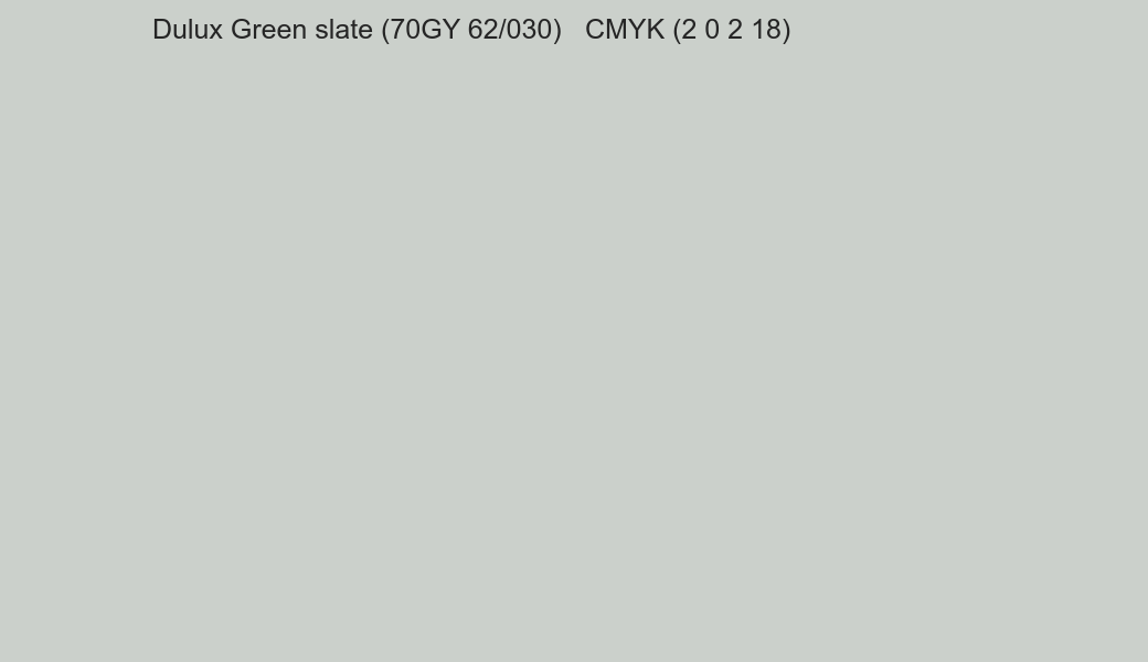 Color Dulux Green slate (70GY 62/030) to CMYK (2 0 2 18) converter Color Dulux Green slate (70GY 62/030) to CMYK (2 0 2 18) converter