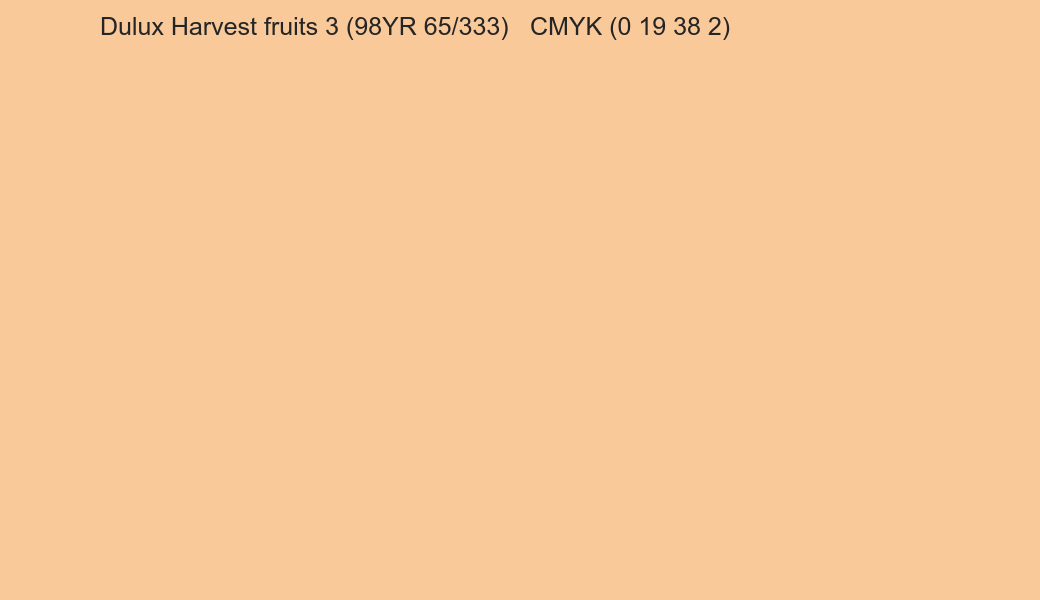Color Dulux Harvest fruits 3 (98YR 65/333) to CMYK (0 19 38 2) converter Color Dulux Harvest fruits 3 (98YR 65/333) to CMYK (0 19 38 2) converter