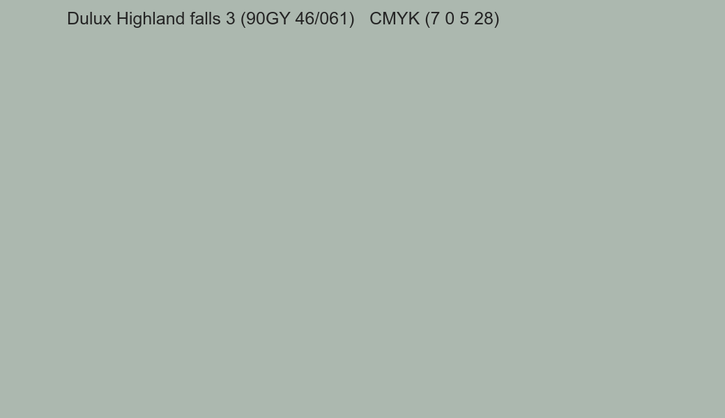 Color Dulux Highland falls 3 (90GY 46/061) to CMYK (7 0 5 28) converter Color Dulux Highland falls 3 (90GY 46/061) to CMYK (7 0 5 28) converter