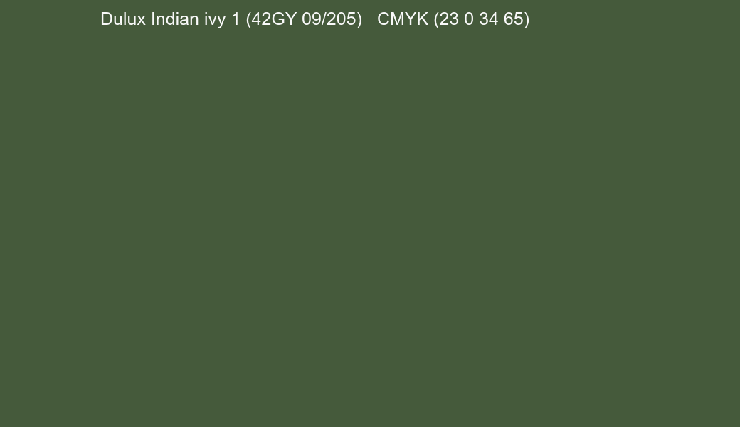 Color Dulux Indian ivy 1 (42GY 09/205) to CMYK (23 0 34 65) converter Color Dulux Indian ivy 1 (42GY 09/205) to CMYK (23 0 34 65) converter