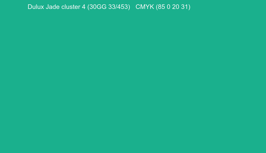 Color Dulux Jade cluster 4 (30GG 33/453) to CMYK (85 0 20 31) converter Color Dulux Jade cluster 4 (30GG 33/453) to CMYK (85 0 20 31) converter