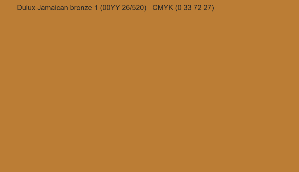 Color Dulux Jamaican bronze 1 (00YY 26/520) to CMYK (0 33 72 27) converter Color Dulux Jamaican bronze 1 (00YY 26/520) to CMYK (0 33 72 27) converter