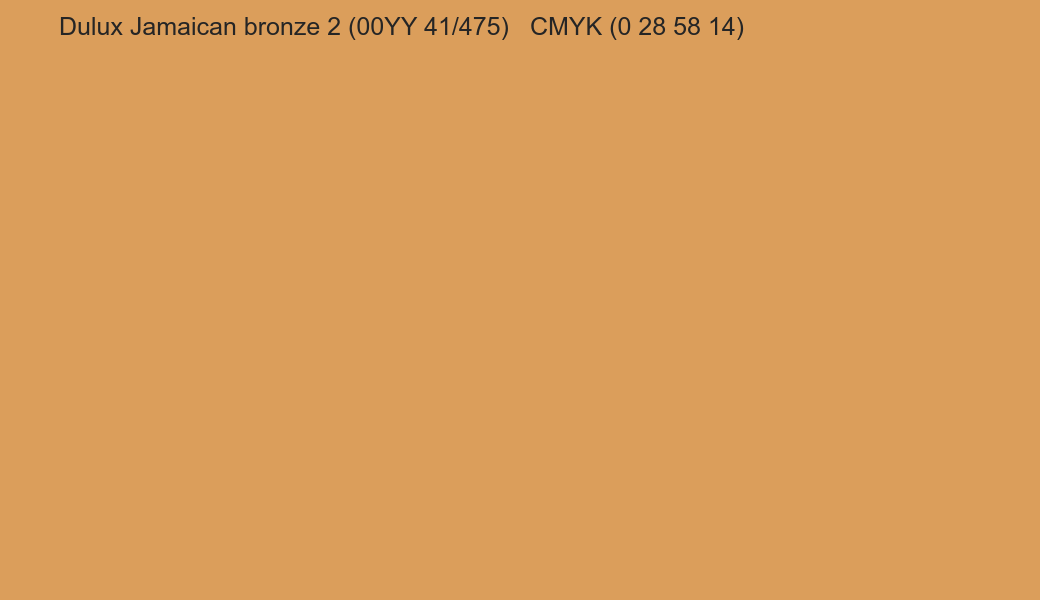Color Dulux Jamaican bronze 2 (00YY 41/475) to CMYK (0 28 58 14) converter Color Dulux Jamaican bronze 2 (00YY 41/475) to CMYK (0 28 58 14) converter