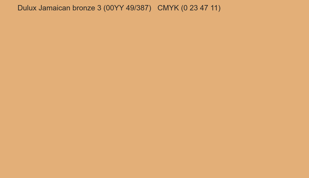 Color Dulux Jamaican bronze 3 (00YY 49/387) to CMYK (0 23 47 11) converter Color Dulux Jamaican bronze 3 (00YY 49/387) to CMYK (0 23 47 11) converter