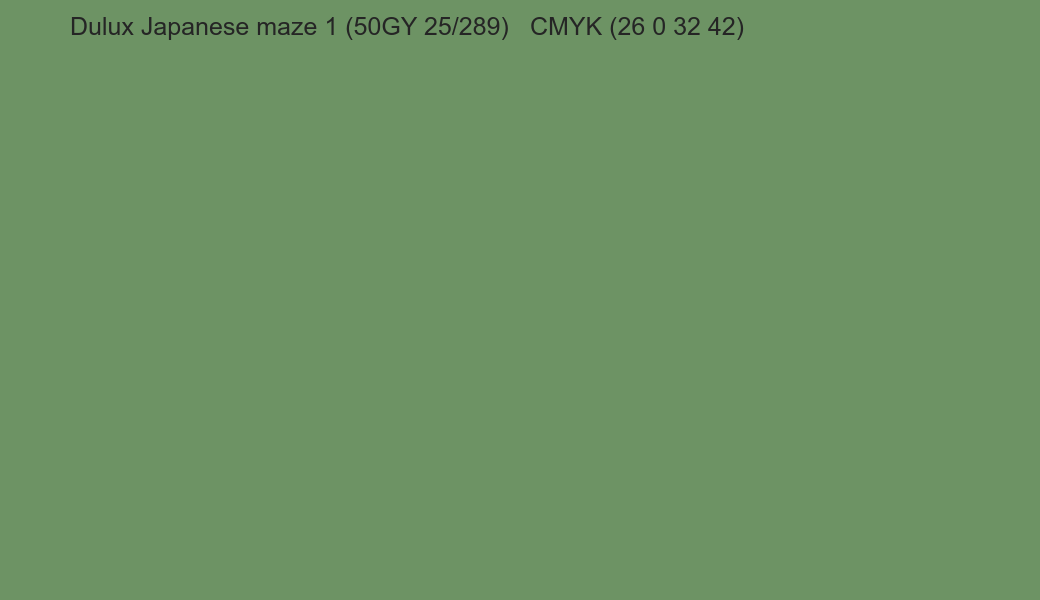 Color Dulux Japanese maze 1 (50GY 25/289) to CMYK (26 0 32 42) converter Color Dulux Japanese maze 1 (50GY 25/289) to CMYK (26 0 32 42) converter