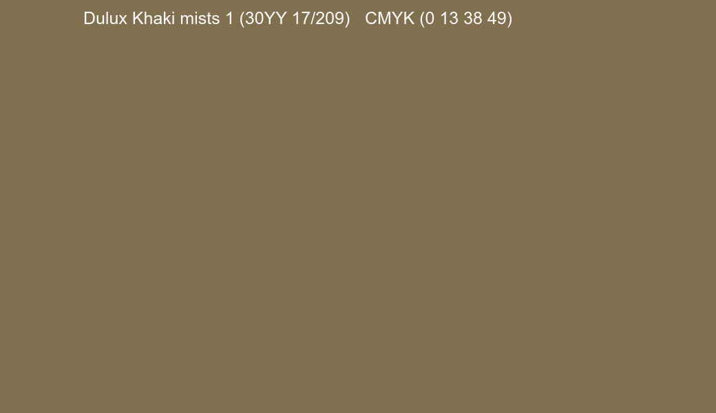 Color Dulux Khaki mists 1 (30YY 17/209) to CMYK (0 13 38 49) converter Color Dulux Khaki mists 1 (30YY 17/209) to CMYK (0 13 38 49) converter