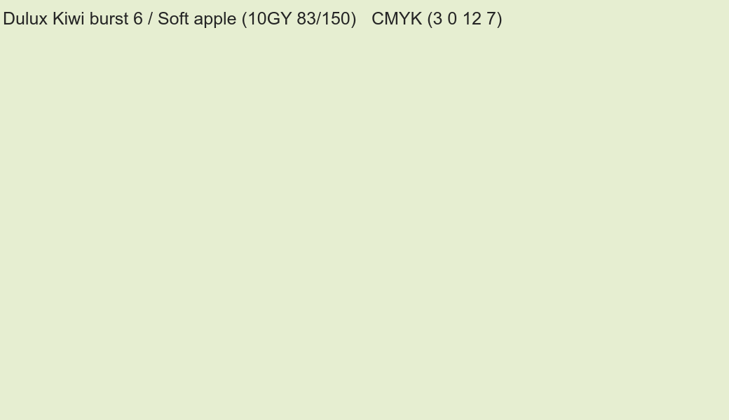 Color Dulux Kiwi burst 6 / Soft apple (10GY 83/150) to CMYK (3 0 12 7) converter Color Dulux Kiwi burst 6 / Soft apple (10GY 83/150) to CMYK (3 0 12 7) converter