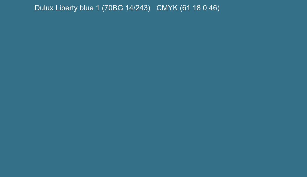 Color Dulux Liberty blue 1 (70BG 14/243) to CMYK (61 18 0 46) converter Color Dulux Liberty blue 1 (70BG 14/243) to CMYK (61 18 0 46) converter