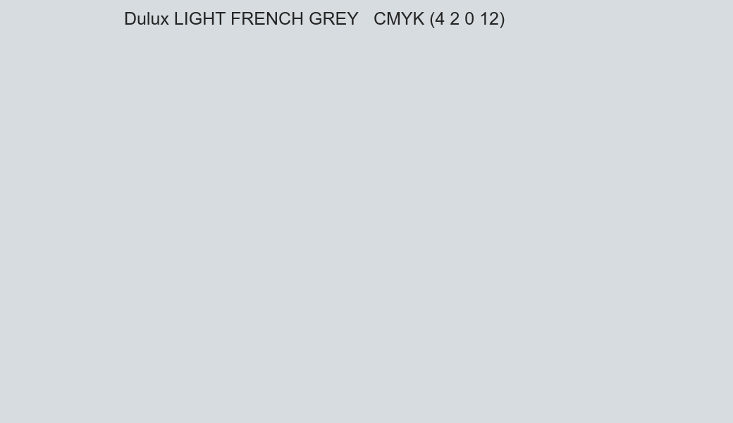 Color Dulux LIGHT FRENCH GREY to CMYK (4 2 0 12) converter Color Dulux LIGHT FRENCH GREY to CMYK (4 2 0 12) converter