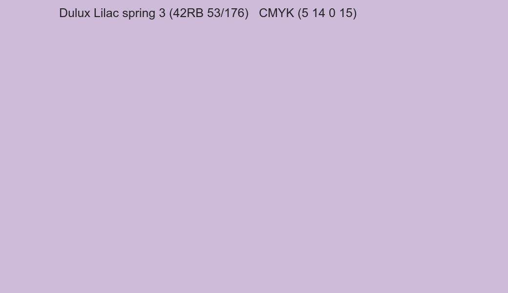 Color Dulux Lilac spring 3 (42RB 53/176) to CMYK (5 14 0 15) converter Color Dulux Lilac spring 3 (42RB 53/176) to CMYK (5 14 0 15) converter