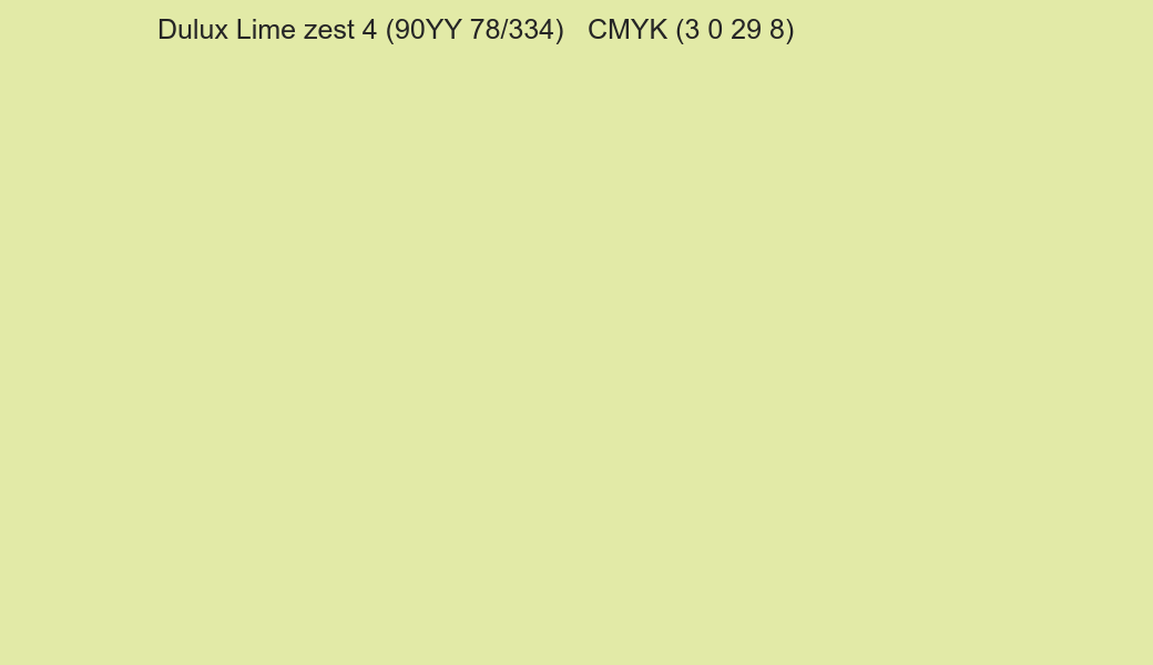 Color Dulux Lime zest 4 (90YY 78/334) to CMYK (3 0 29 8) converter Color Dulux Lime zest 4 (90YY 78/334) to CMYK (3 0 29 8) converter