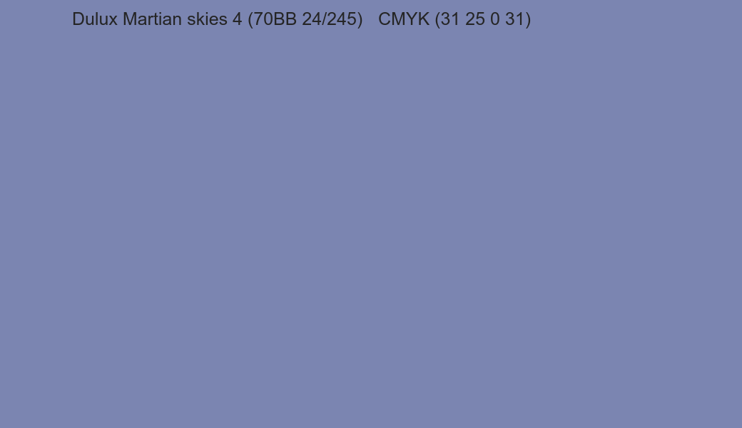 Color Dulux Martian skies 4 (70BB 24/245) to CMYK (31 25 0 31) converter Color Dulux Martian skies 4 (70BB 24/245) to CMYK (31 25 0 31) converter