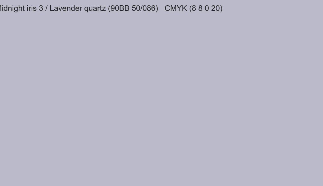 Color Dulux Midnight iris 3 / Lavender quartz (90BB 50/086) to CMYK (8 8 0 20) converter Color Dulux Midnight iris 3 / Lavender quartz (90BB 50/086) to CMYK (8 8 0 20) converter