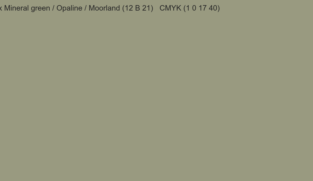 Color Dulux Mineral green / Opaline / Moorland (12 B 21) to CMYK (1 0 17 40) converter Color Dulux Mineral green / Opaline / Moorland (12 B 21) to CMYK (1 0 17 40) converter