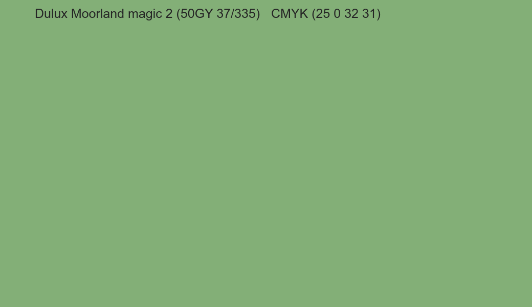 Color Dulux Moorland magic 2 (50GY 37/335) to CMYK (25 0 32 31) converter Color Dulux Moorland magic 2 (50GY 37/335) to CMYK (25 0 32 31) converter