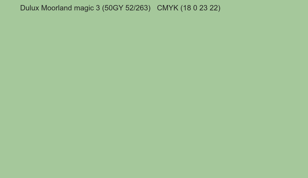 Color Dulux Moorland magic 3 (50GY 52/263) to CMYK (18 0 23 22) converter Color Dulux Moorland magic 3 (50GY 52/263) to CMYK (18 0 23 22) converter