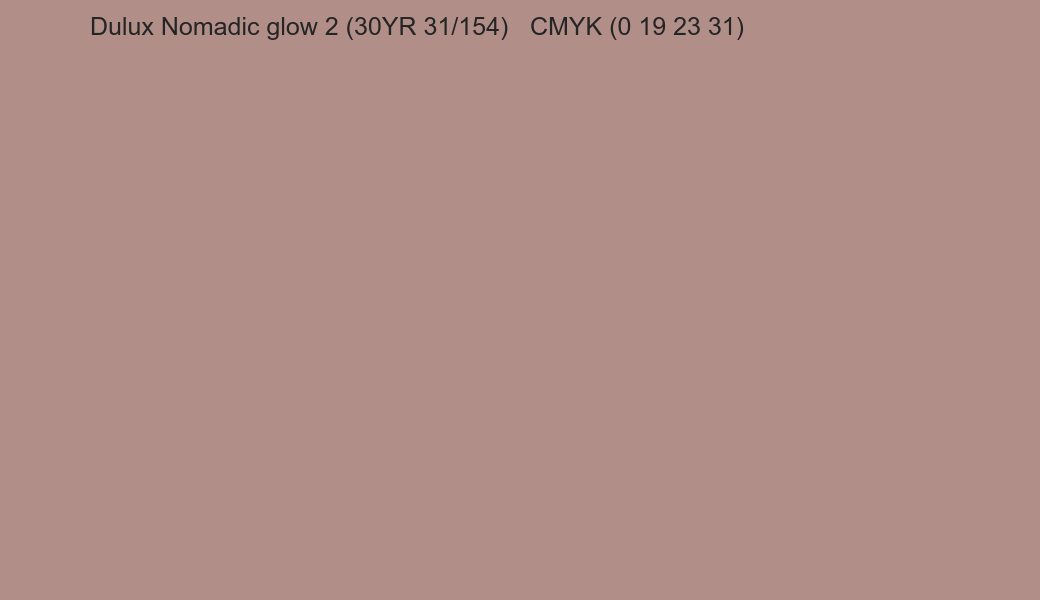 Color Dulux Nomadic glow 2 (30YR 31/154) to CMYK (0 19 23 31) converter Color Dulux Nomadic glow 2 (30YR 31/154) to CMYK (0 19 23 31) converter
