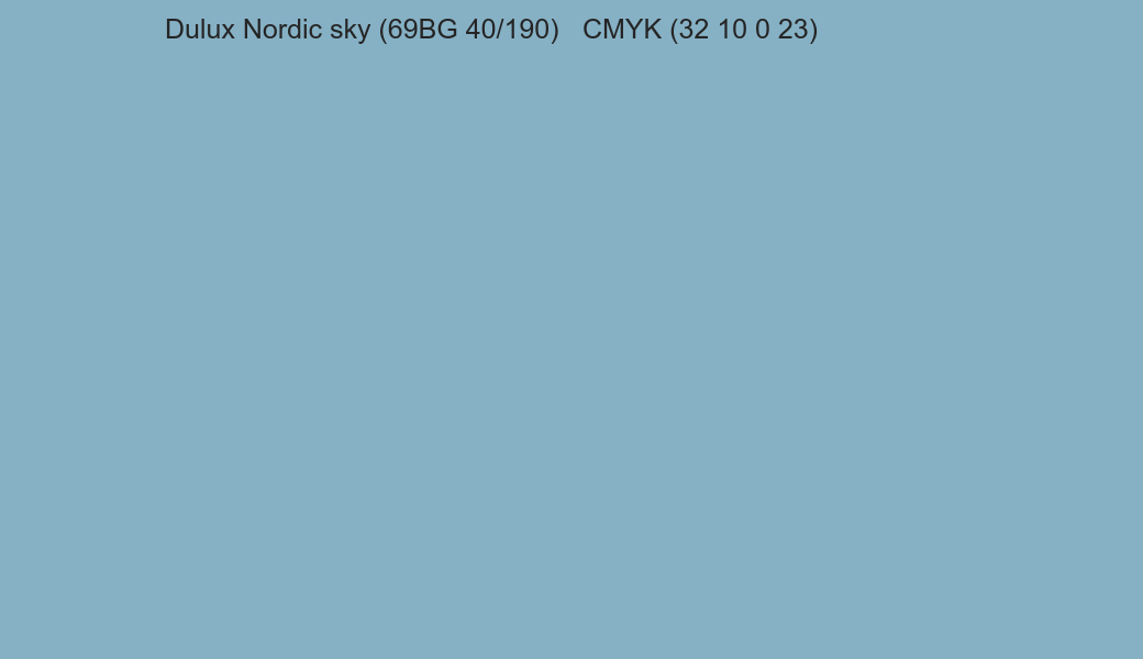 Color Dulux Nordic sky (69BG 40/190) to CMYK (32 10 0 23) converter Color Dulux Nordic sky (69BG 40/190) to CMYK (32 10 0 23) converter