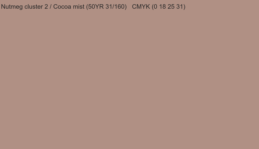 Color Dulux Nutmeg cluster 2 / Cocoa mist (50YR 31/160) to CMYK (0 18 25 31) converter Color Dulux Nutmeg cluster 2 / Cocoa mist (50YR 31/160) to CMYK (0 18 25 31) converter