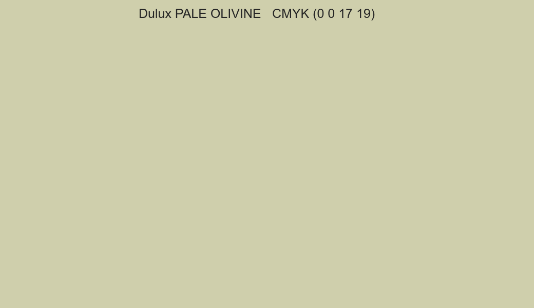 Color Dulux PALE OLIVINE to CMYK (0 0 17 19) converter Color Dulux PALE OLIVINE to CMYK (0 0 17 19) converter