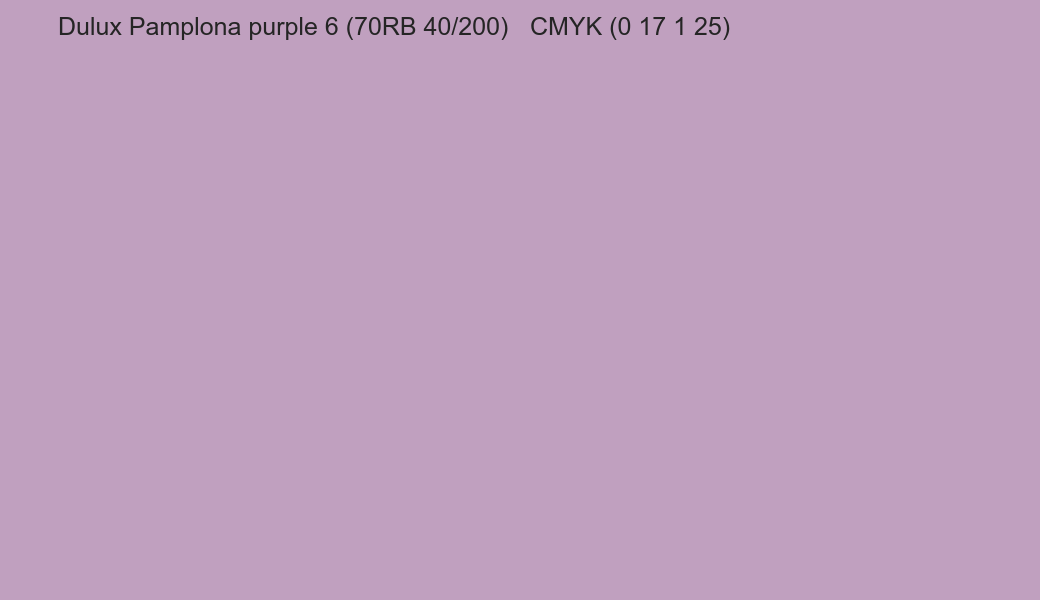 Color Dulux Pamplona purple 6 (70RB 40/200) to CMYK (0 17 1 25) converter Color Dulux Pamplona purple 6 (70RB 40/200) to CMYK (0 17 1 25) converter