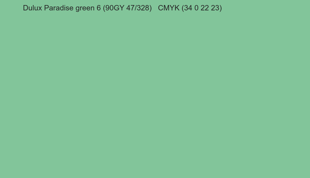Color Dulux Paradise green 6 (90GY 47/328) to CMYK (34 0 22 23) converter Color Dulux Paradise green 6 (90GY 47/328) to CMYK (34 0 22 23) converter