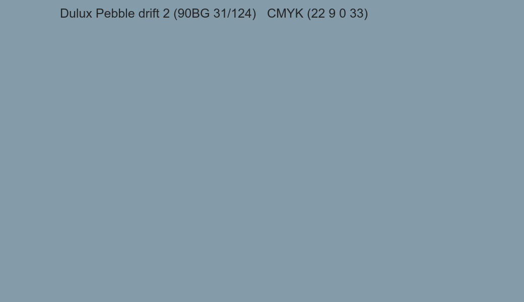 Color Dulux Pebble drift 2 (90BG 31/124) to CMYK (22 9 0 33) converter Color Dulux Pebble drift 2 (90BG 31/124) to CMYK (22 9 0 33) converter