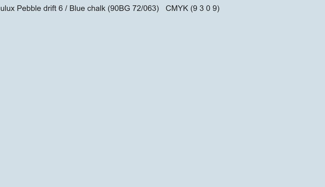 Color Dulux Pebble drift 6 / Blue chalk (90BG 72/063) to CMYK (9 3 0 9) converter Color Dulux Pebble drift 6 / Blue chalk (90BG 72/063) to CMYK (9 3 0 9) converter