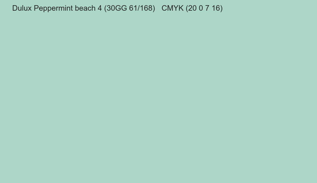 Color Dulux Peppermint beach 4 (30GG 61/168) to CMYK (20 0 7 16) converter Color Dulux Peppermint beach 4 (30GG 61/168) to CMYK (20 0 7 16) converter
