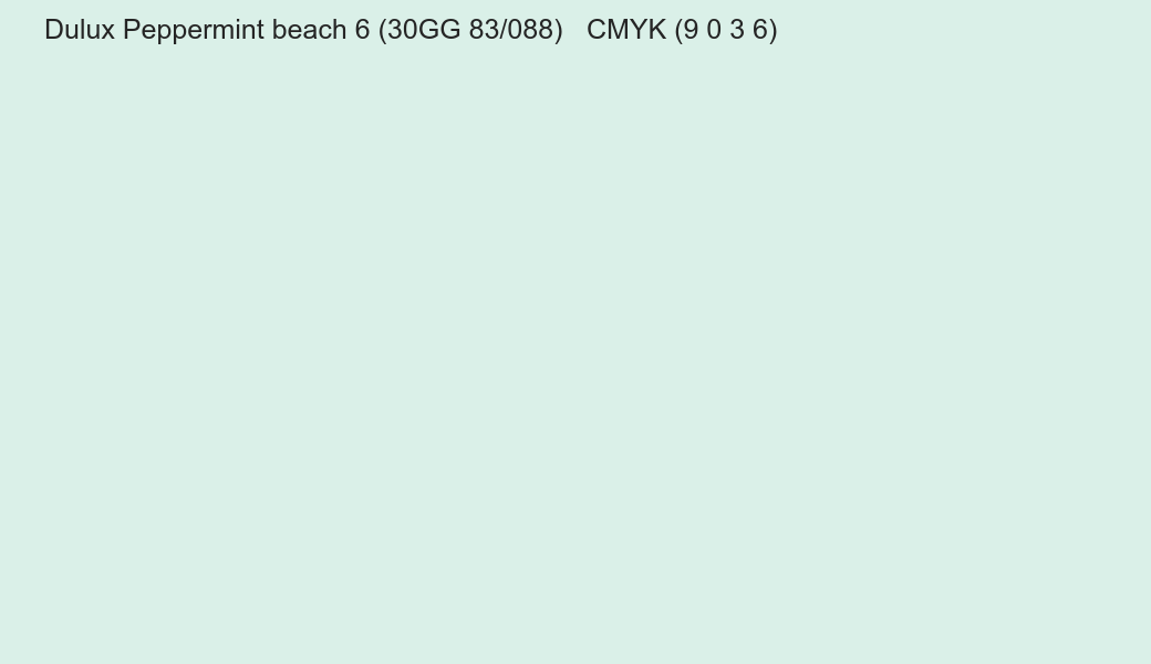 Color Dulux Peppermint beach 6 (30GG 83/088) to CMYK (9 0 3 6) converter Color Dulux Peppermint beach 6 (30GG 83/088) to CMYK (9 0 3 6) converter