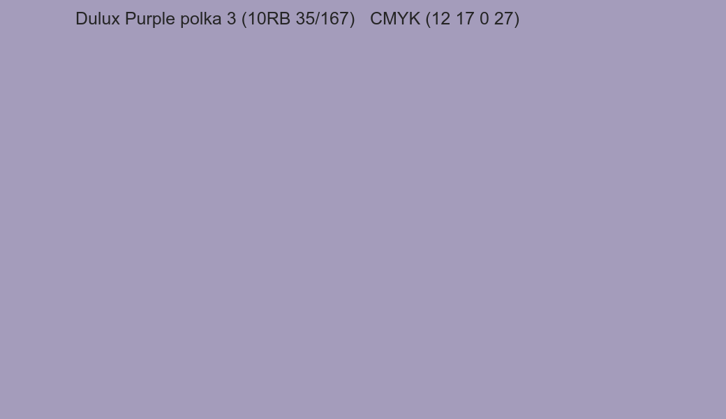 Color Dulux Purple polka 3 (10RB 35/167) to CMYK (12 17 0 27) converter Color Dulux Purple polka 3 (10RB 35/167) to CMYK (12 17 0 27) converter