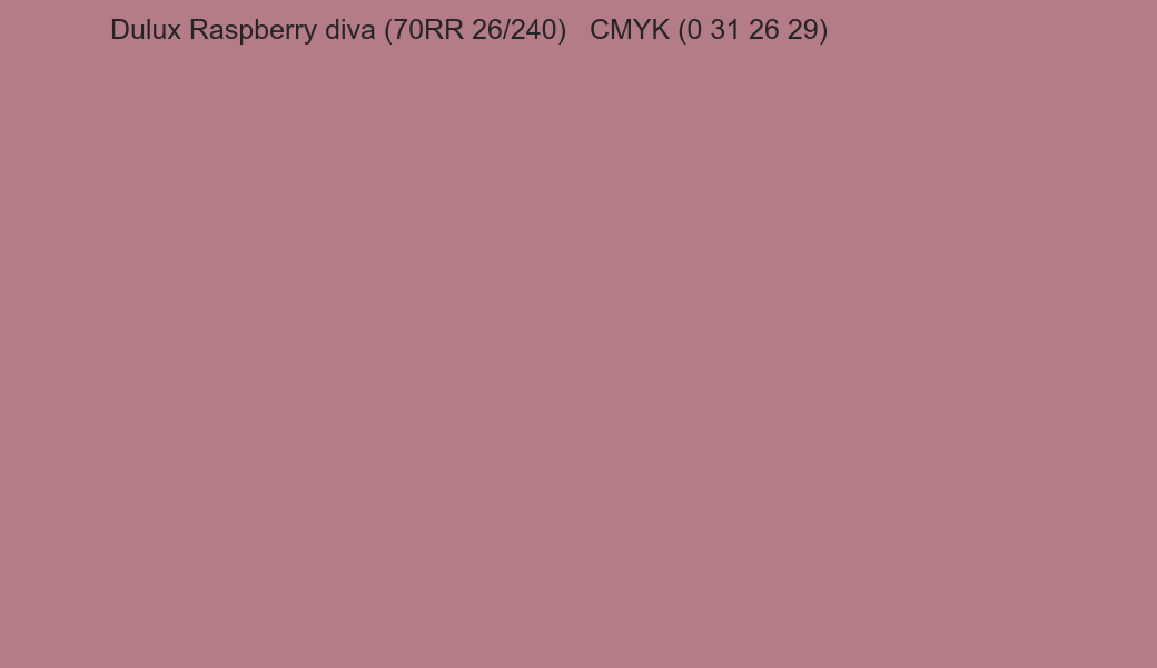 Color Dulux Raspberry diva (70RR 26/240) to CMYK (0 31 26 29) converter Color Dulux Raspberry diva (70RR 26/240) to CMYK (0 31 26 29) converter
