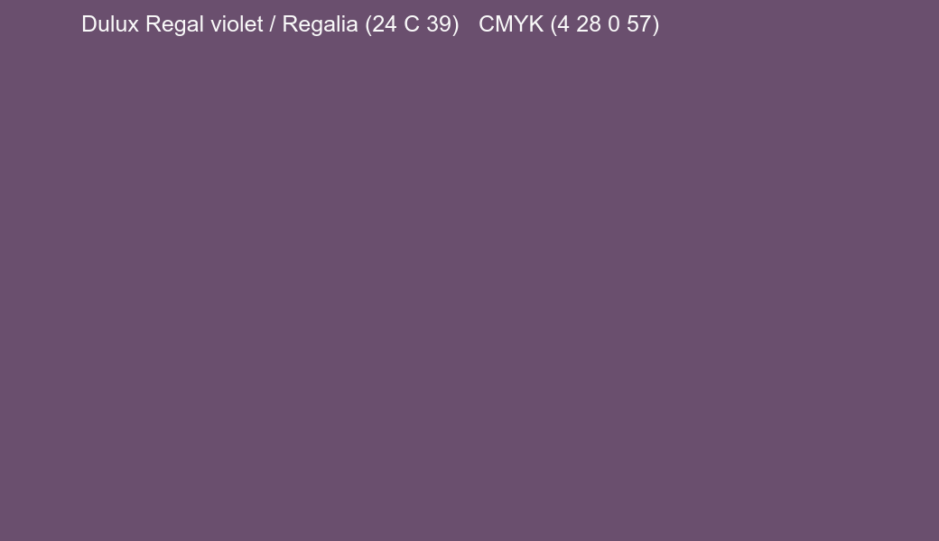 Color Dulux Regal violet / Regalia (24 C 39) to CMYK (4 28 0 57) converter Color Dulux Regal violet / Regalia (24 C 39) to CMYK (4 28 0 57) converter