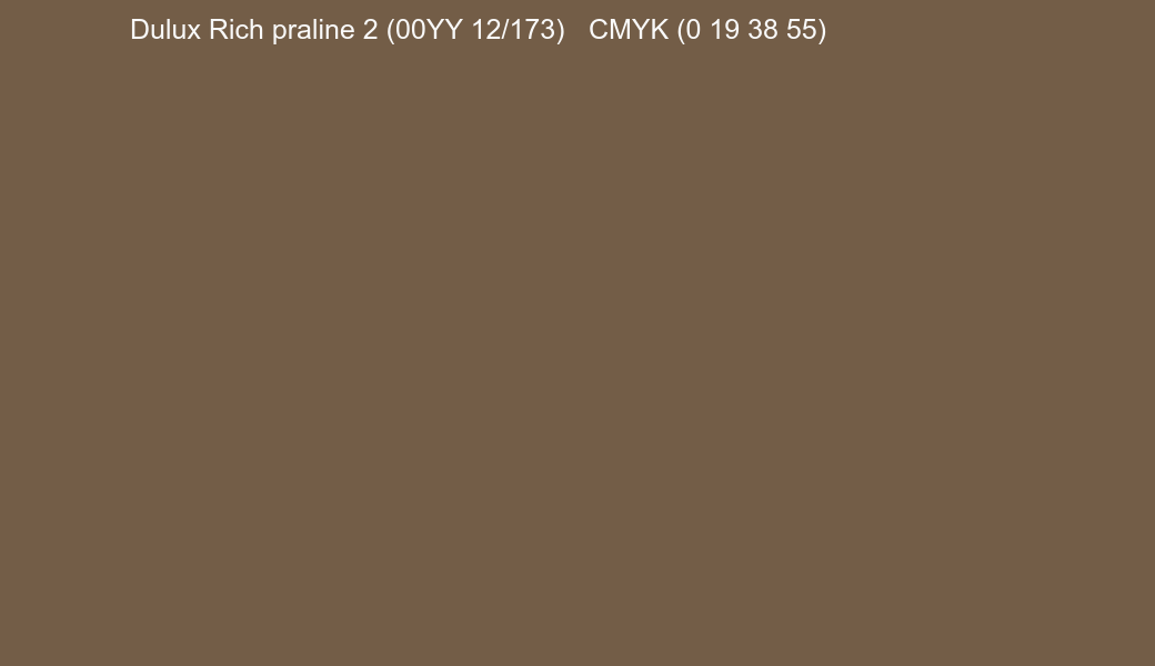 Color Dulux Rich praline 2 (00YY 12/173) to CMYK (0 19 38 55) converter Color Dulux Rich praline 2 (00YY 12/173) to CMYK (0 19 38 55) converter