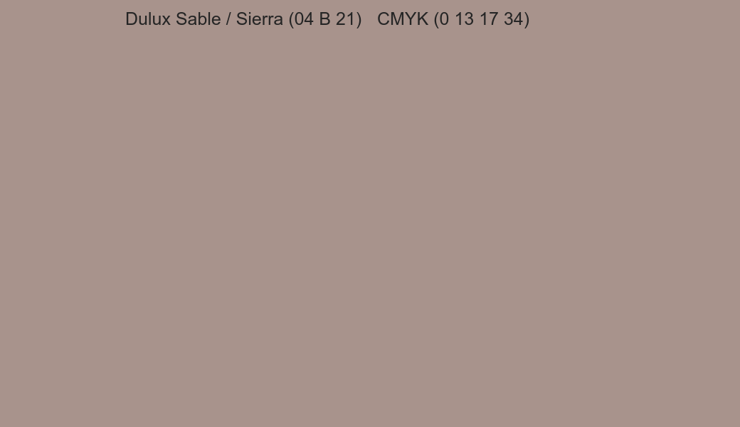 Color Dulux Sable / Sierra (04 B 21) to CMYK (0 13 17 34) converter Color Dulux Sable / Sierra (04 B 21) to CMYK (0 13 17 34) converter