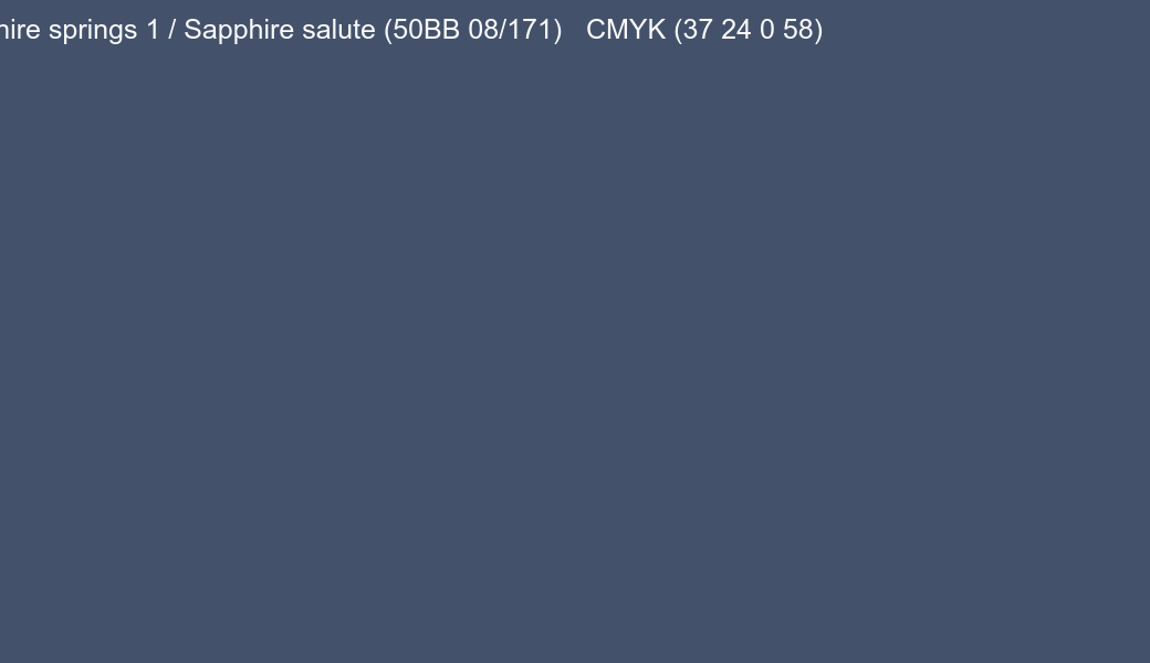 Color Dulux Sapphire springs 1 / Sapphire salute (50BB 08/171) to CMYK (37 24 0 58) converter Color Dulux Sapphire springs 1 / Sapphire salute (50BB 08/171) to CMYK (37 24 0 58) converter