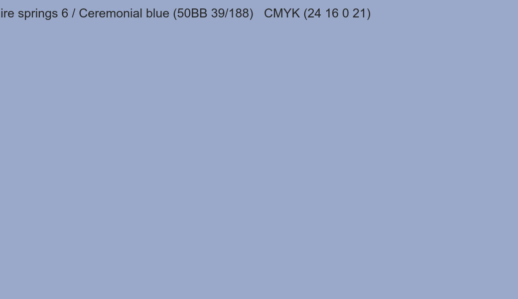 Color Dulux Sapphire springs 6 / Ceremonial blue (50BB 39/188) to CMYK (24 16 0 21) converter Color Dulux Sapphire springs 6 / Ceremonial blue (50BB 39/188) to CMYK (24 16 0 21) converter