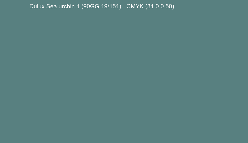 Color Dulux Sea urchin 1 (90GG 19/151) to CMYK (31 0 0 50) converter Color Dulux Sea urchin 1 (90GG 19/151) to CMYK (31 0 0 50) converter