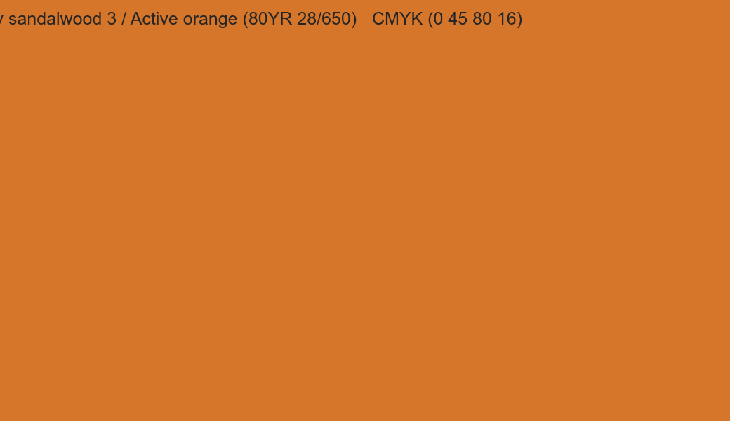 Color Dulux Spicy sandalwood 3 / Active orange (80YR 28/650) to CMYK (0 45 80 16) converter Color Dulux Spicy sandalwood 3 / Active orange (80YR 28/650) to CMYK (0 45 80 16) converter