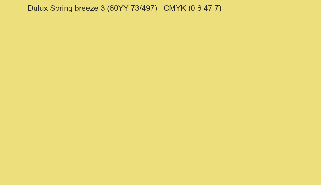 Color Dulux Spring breeze 3 (60YY 73/497) to CMYK (0 6 47 7) converter Color Dulux Spring breeze 3 (60YY 73/497) to CMYK (0 6 47 7) converter