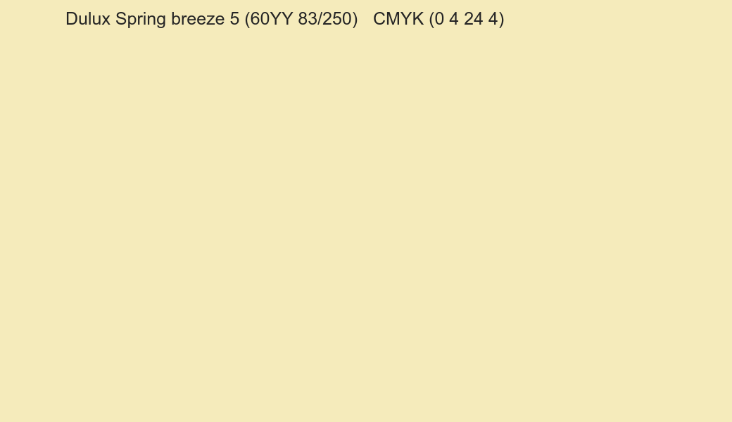 Color Dulux Spring breeze 5 (60YY 83/250) to CMYK (0 4 24 4) converter Color Dulux Spring breeze 5 (60YY 83/250) to CMYK (0 4 24 4) converter