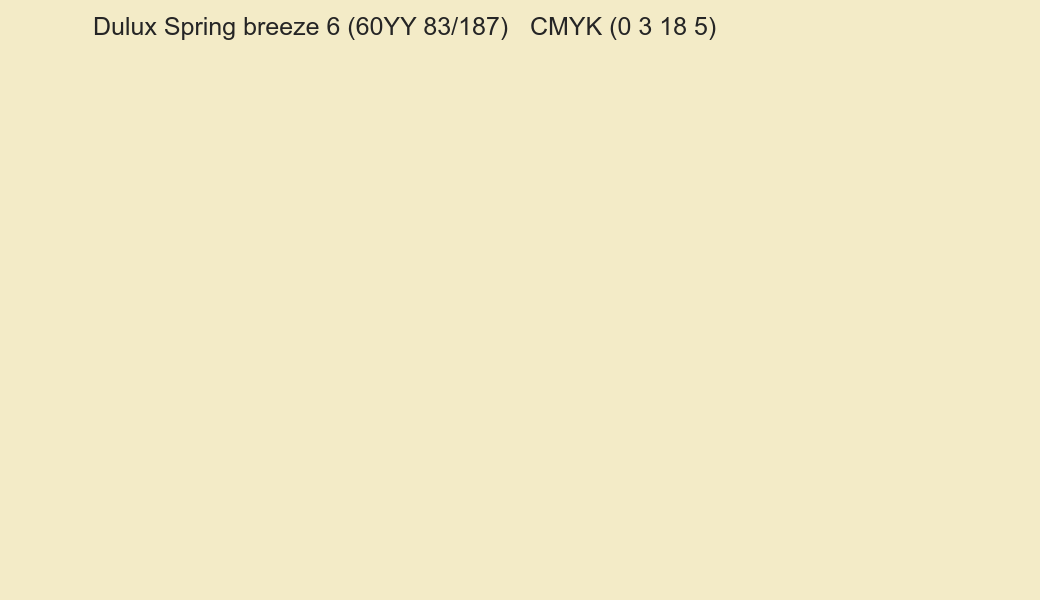 Color Dulux Spring breeze 6 (60YY 83/187) to CMYK (0 3 18 5) converter Color Dulux Spring breeze 6 (60YY 83/187) to CMYK (0 3 18 5) converter
