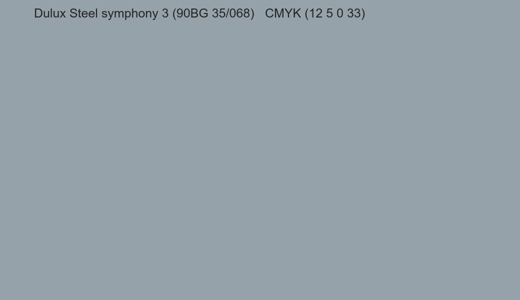 Color Dulux Steel symphony 3 (90BG 35/068) to CMYK (12 5 0 33) converter Color Dulux Steel symphony 3 (90BG 35/068) to CMYK (12 5 0 33) converter