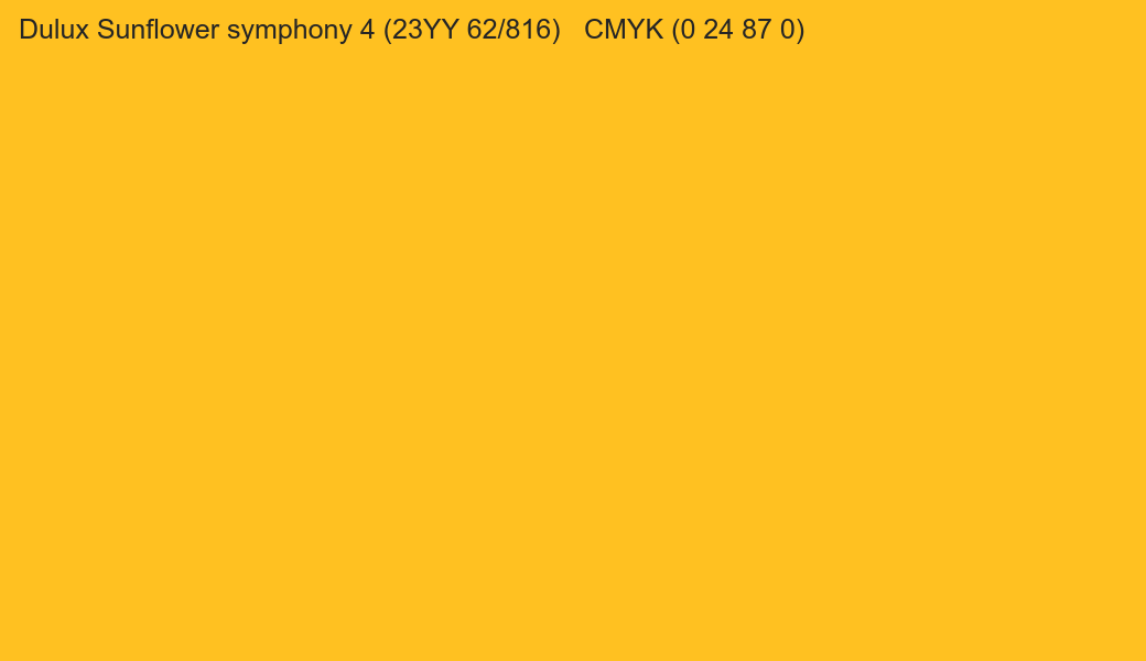 Color Dulux Sunflower symphony 4 (23YY 62/816) to CMYK (0 24 87 0) converter Color Dulux Sunflower symphony 4 (23YY 62/816) to CMYK (0 24 87 0) converter