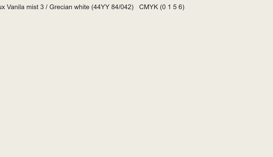 Color Dulux Vanila mist 3 / Grecian white (44YY 84/042) to CMYK (0 1 5 6) converter Color Dulux Vanila mist 3 / Grecian white (44YY 84/042) to CMYK (0 1 5 6) converter