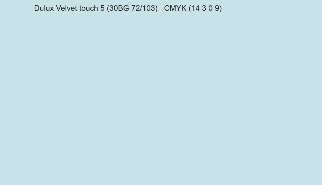 Color Dulux Velvet touch 5 (30BG 72/103) to CMYK (14 3 0 9) converter Color Dulux Velvet touch 5 (30BG 72/103) to CMYK (14 3 0 9) converter